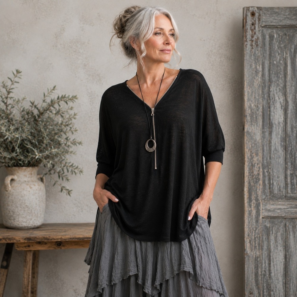 Chalet et Ceci Zip Front Tunic Top Sz L Oversized Lightweight Lagenlook Boho
